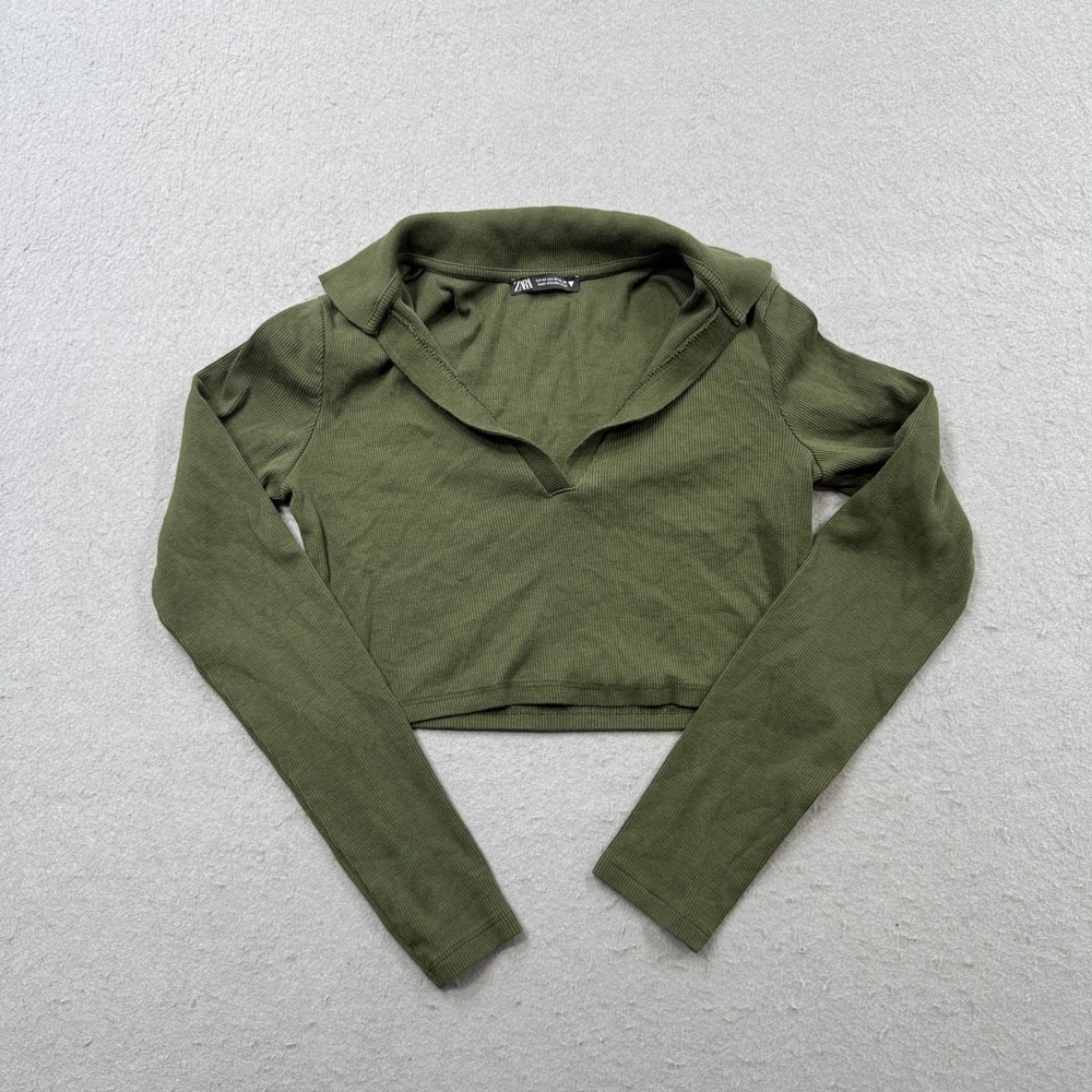 Zara‎ Crop Top Women's Medium Olive Green Long Sleeve V-Neck Ribbed Knit Stretch
